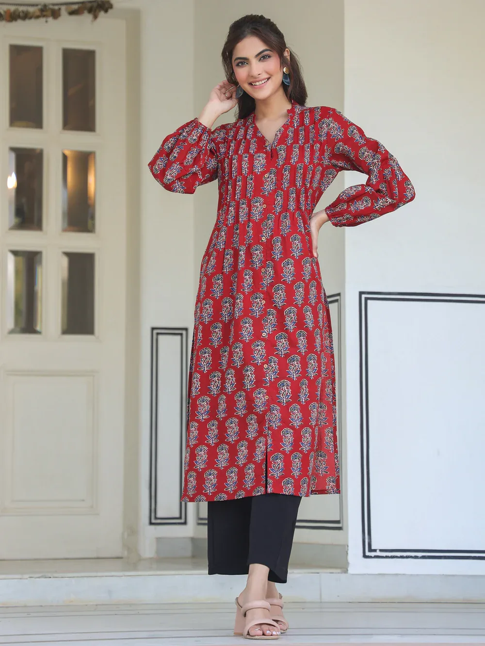 Maroon Cotton Floral Print Flared Kurta